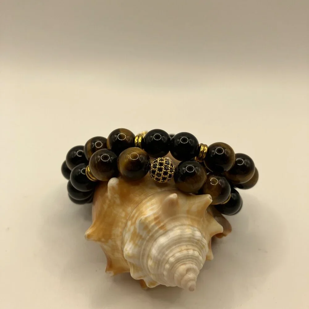 Tiger Eye Cubic Zirconia + Black Agate Gemstone 2-strand Bracelet Brand New